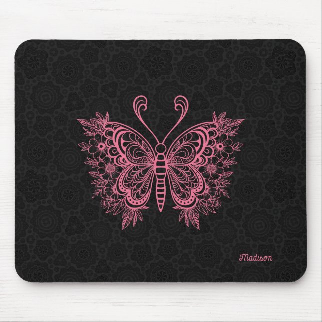 Rosa Blütenschmetterling in Schwarz Mousepad (Vorne)