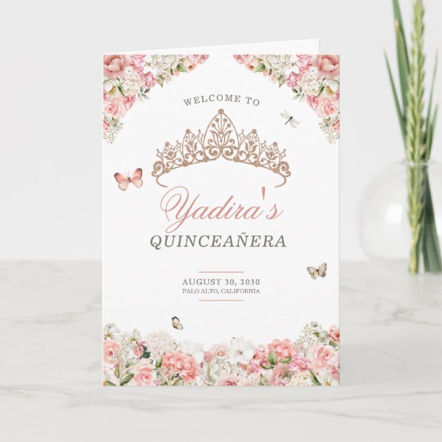 Rosa Blütenschmetterling Quinceanera Programm (Vorderseite)