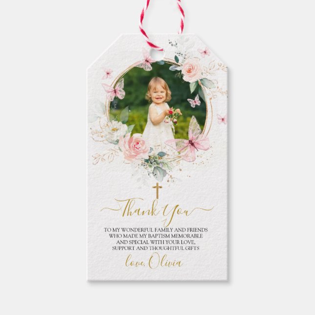 Rosa Blütenschmetterling-Taufe Geschenkanhänger (Vorderseite)