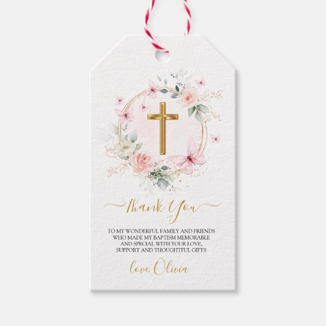 Rosa Blütenschmetterling-Taufe Geschenkanhänger (Vorderseite)