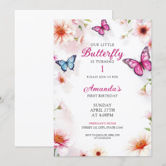 Rosa Blütenschmetterlinge für Baby Girl 1. Geburts Einladung