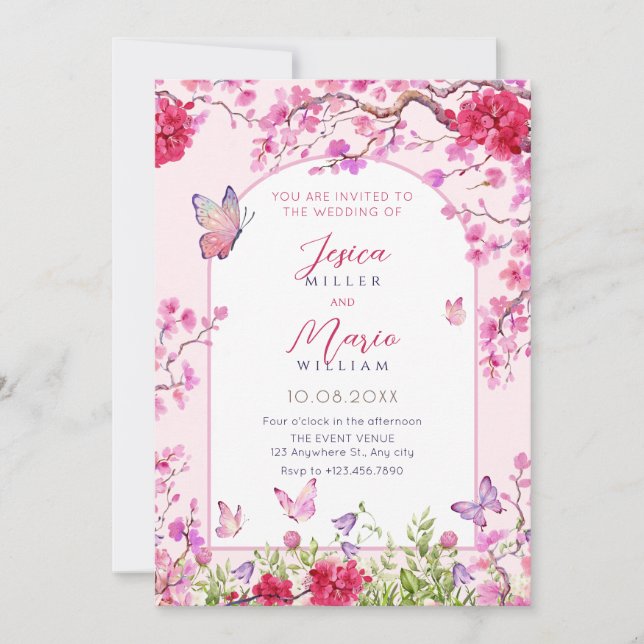 Rosa Blütenschmetterlinge Hochzeit Einladung (Vorderseite)