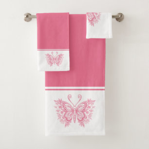Rosa Blütenschmetterlinge Rosa und Weiß Hintergrun Badhandtuch Set