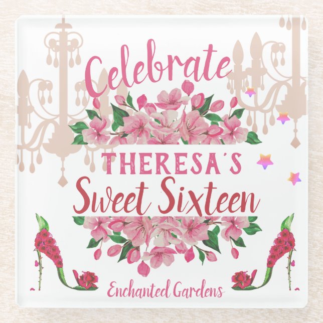 Rosa Blütenschuhe mit hoher Ferse - Party und Name Glasuntersetzer (Vorderseite)