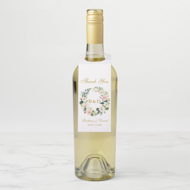 Rosa Blütenschurz-Monogramm-Hochzeit Flaschenanhänger (Auf Flasche)