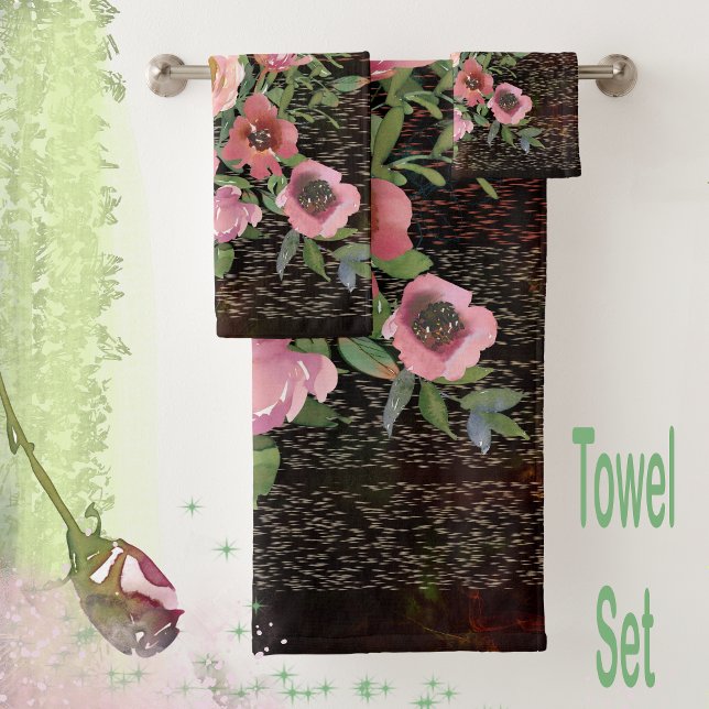 Rosa Blütenschwarz Badhandtuch Set (Pink floral black watercolor beautiful towel set of 3 towels
)
