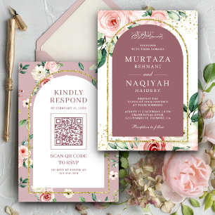 Rosa Blütenstaub-Rosa Tor QR-Code Muslimische Hoch Einladung