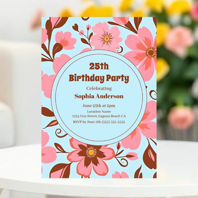 Rosa Blütenstimmung - Pastel Vibes-Retro Blume Einladung (Pink Floral Mood – Pastel Vibes Invitation-Birthday Party Invitation)