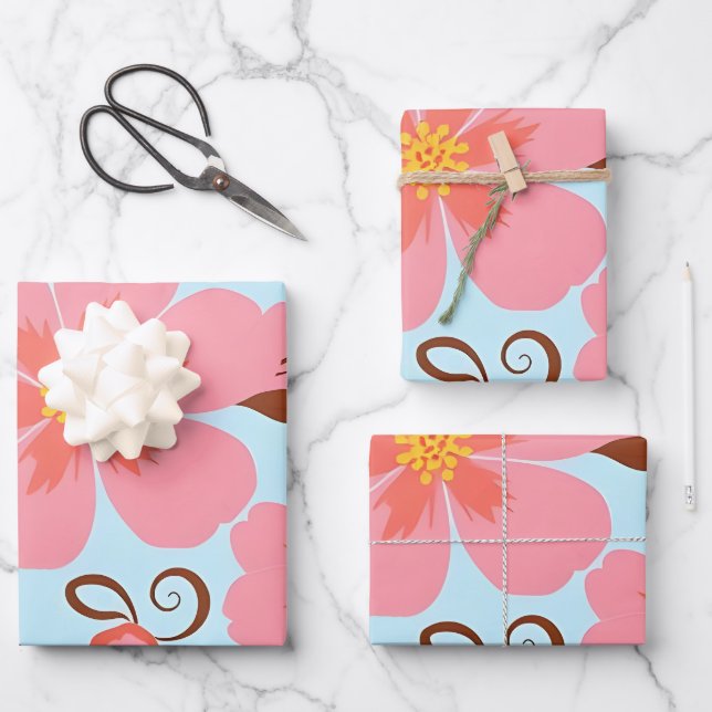 Rosa Blütenstimmung - Pastel Vibes-Retro Blume Geschenkpapier Set (Vorderseite)