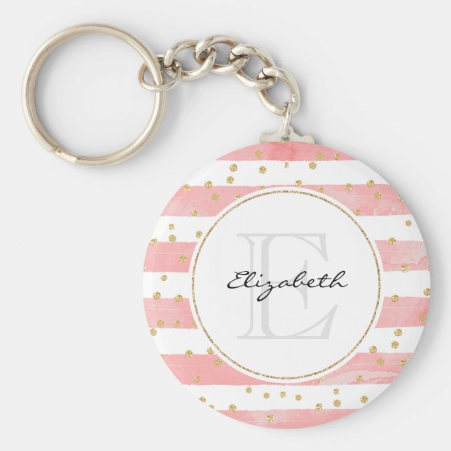 Rosa Blütenstreifen | Imitate Gold Confetti Monogr Schlüsselanhänger (Vorne)