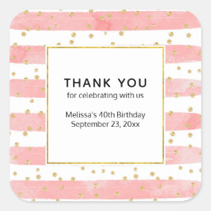 Rosa Blütenstreifen   Imitate Gold Confetti Party Quadratischer Aufkleber