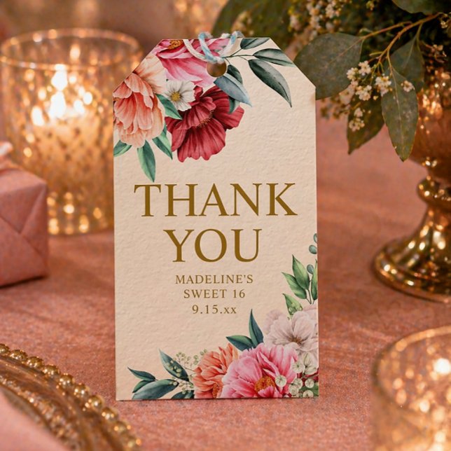 Rosa Blütensüß 16 Geschenkanhänger (Pink and red floral "Thank you" gift tag for a Sweet 16)