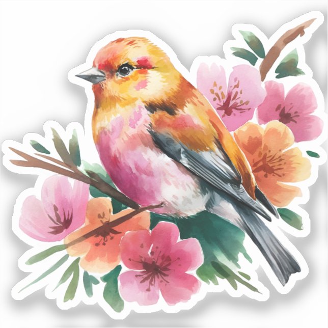 Rosa Blütenvogel Aufkleber (Vorderseite)