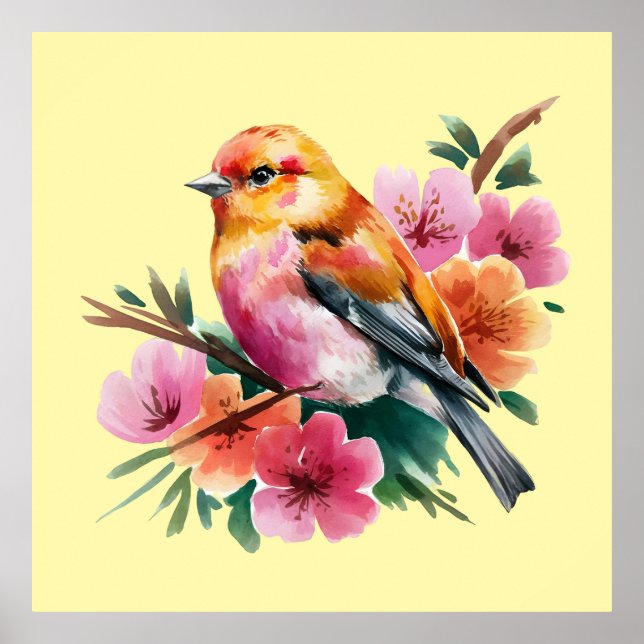Rosa Blütenvogel Poster (Vorne)