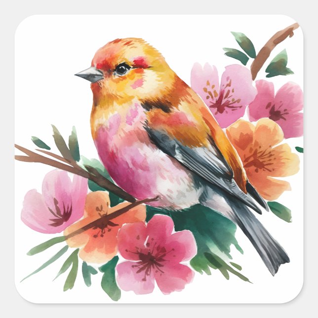 Rosa Blütenvogel Quadratischer Aufkleber (Vorderseite)