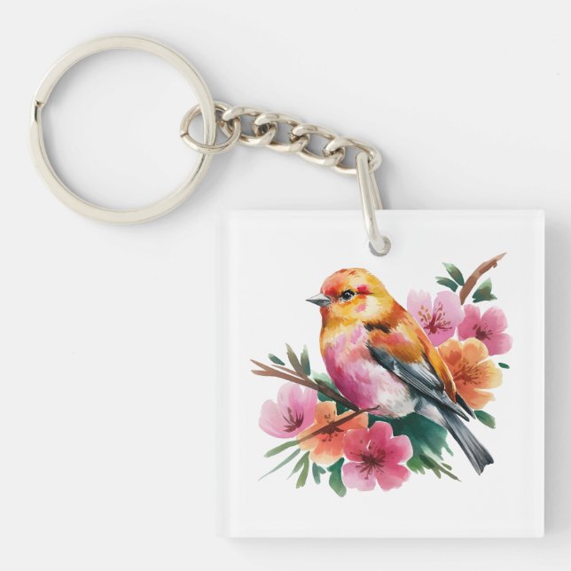 Rosa Blütenvogel Schlüsselanhänger (Vorderseite)