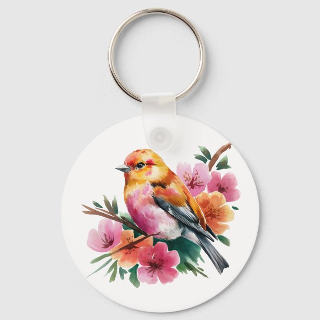 Rosa Blütenvogel Schlüsselanhänger (Vorderseite)