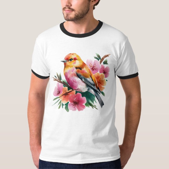 Rosa Blütenvogel T-Shirt (Vorderseite)