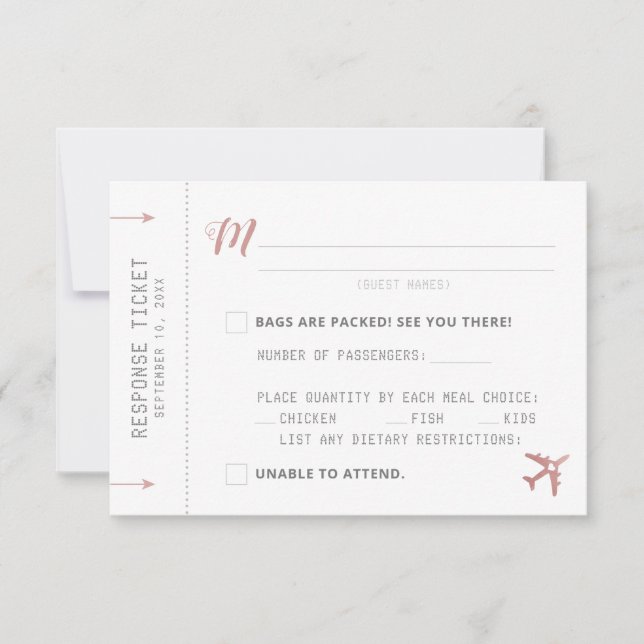 Rosa Boarding Pass Flugzeug Ticket Response RSVP K Karte (Vorderseite)