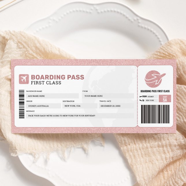 Rosa Boarding Pass Reisen Flugzeug Geschenkgutsche Einladung (Von Creator hochgeladen)