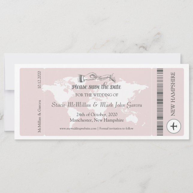 Rosa Boarding Pass Save the Date Einladung (Vorderseite)