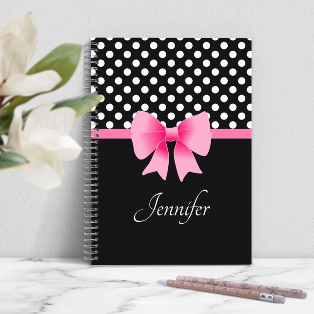 Rosa Bogen Schwarz-Weiß-Name Notizblock (Personalized Elegant Script Pink Bow Notebook)