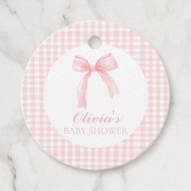 Rosa Bogen und Gingham-Babydusche Geschenkanhänger (Vorderseite)