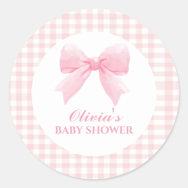 Rosa Bogen und Gingham-Babydusche Runder Aufkleber (Vorderseite)