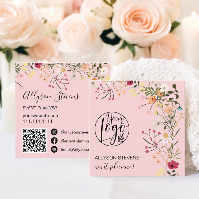 Rosa Boho Blumen-Event-Planer Logo Quadratische Visitenkarte (Pink Boho floral event planner logo qr code Square Business Card)