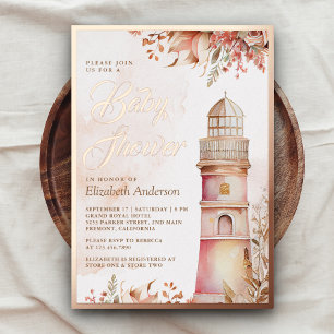 Rosa Boho Blumen Leuchtturm Baby Shower Roségold Folieneinladung