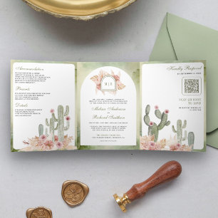 Rosa Boho Blumen Pampas Kactus QR Code Hochzeit Dreifach Gefaltete Einladung