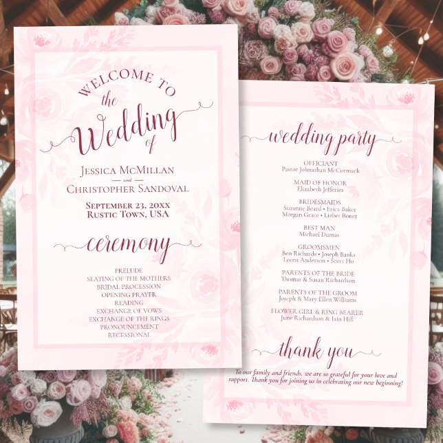 Rosa Boho Chic Pfingstrosen Budget-Hochzeitsprogra (Front/Back)