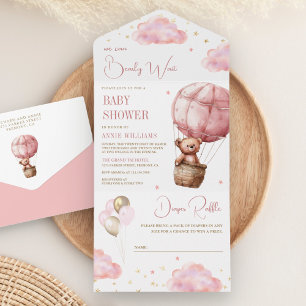 Rosa Boho Heißluftballon-Teddybär-Baby-Party All In One Einladung