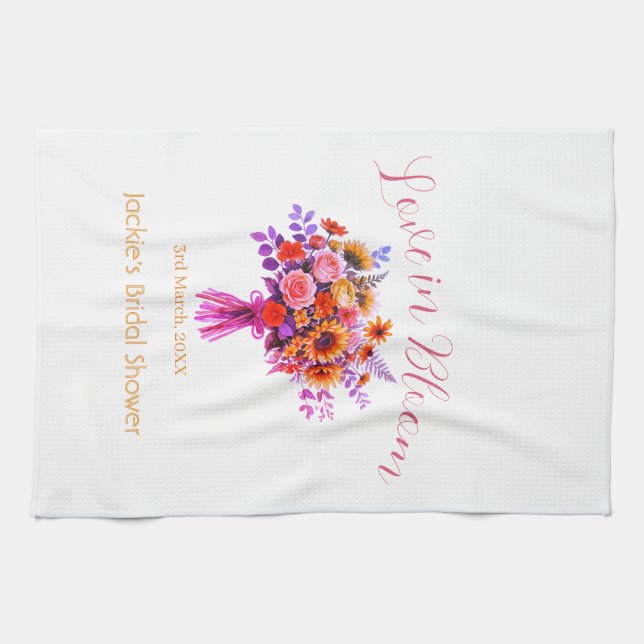 rosa boho Liebe in Blüte Brautparty Name Retro Geschirrtuch (Horizontal)