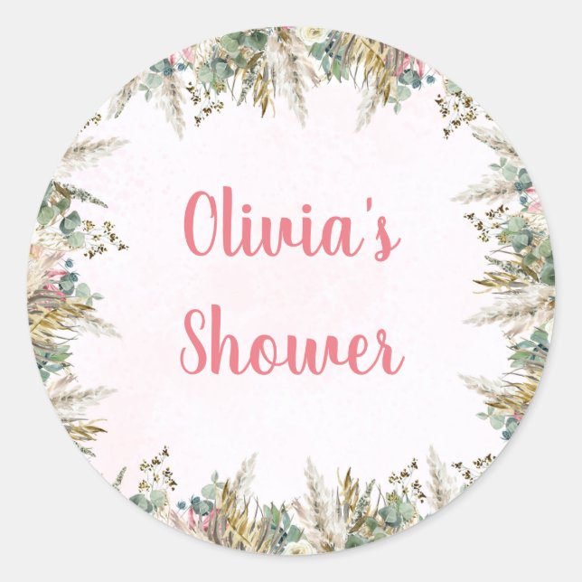 Rosa Boho Pampas- und Blumensets für Baby Shower P Runder Aufkleber (Vorderseite)