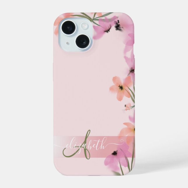 Rosa Boho Wildblumenwiese Monogramm iPhone 15 Hülle (Rückseite)