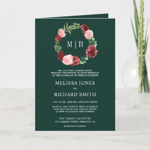 Rosa Bordeaux Blumen Hochzeit QR Code Smaragd Einladung