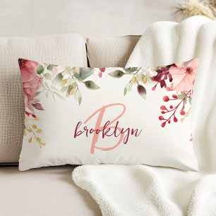 Rosa Bordeaux Blumen- Monogramm in Schreibschrift  Dekokissen