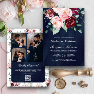 Rosa Bordeaux Blumen QR Code Navy Hochzeit Einladung