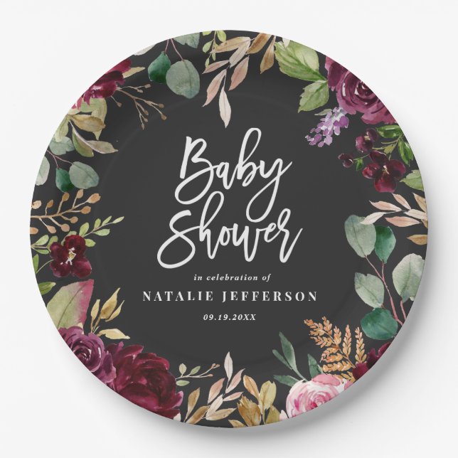 Rosa, Bordeaux, + Feigenfarbenfloral und Skript Pappteller (Vorderseite)