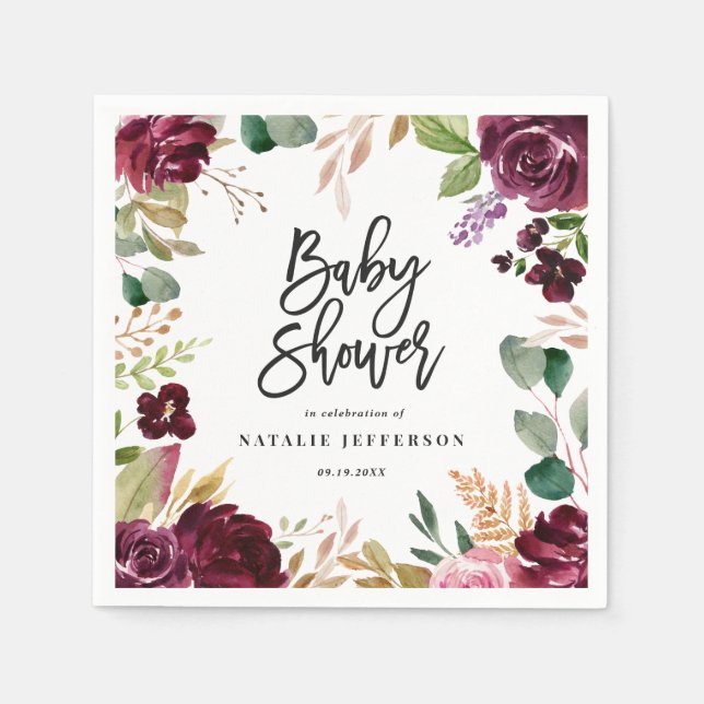 Rosa, Bordeaux, + Feigenfarbenfloral und Skript Serviette (Vorderseite)