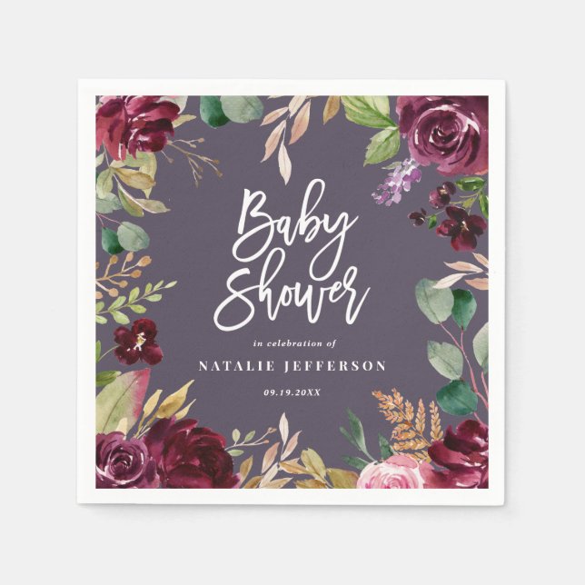 Rosa, Bordeaux, + Feigenfarbenfloral und Skript Serviette (Vorderseite)