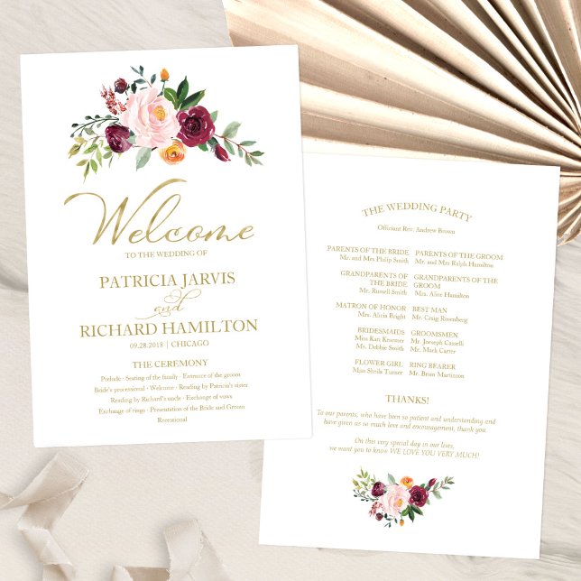 Rosa Bordeaux Florales Gold Hochzeitsprogramm Programm (Von Creator hochgeladen)