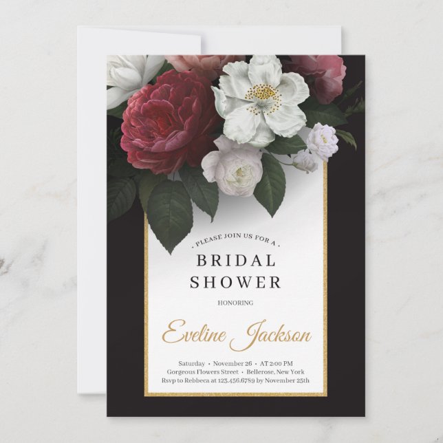 Rosa-Bordeaux-Rosa-Blüten und weiße Blumen Einladung (Vorderseite)