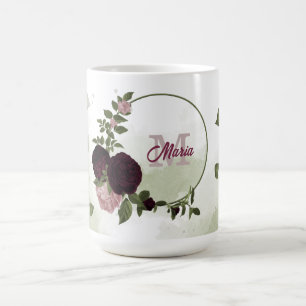 Rosa bordeauxfarbene Blume, grüne Blätter, Monogra Kaffeetasse