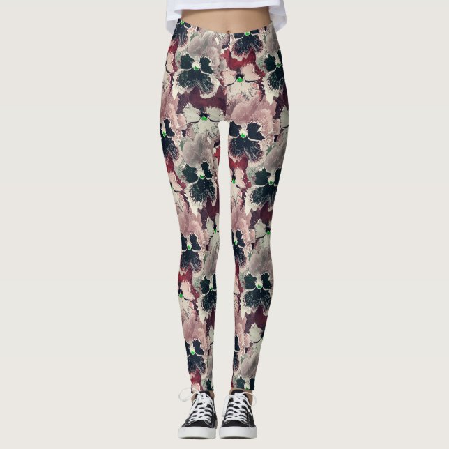 Rosa, bordeauxfarbene Blume Leggings (Vorderseite)