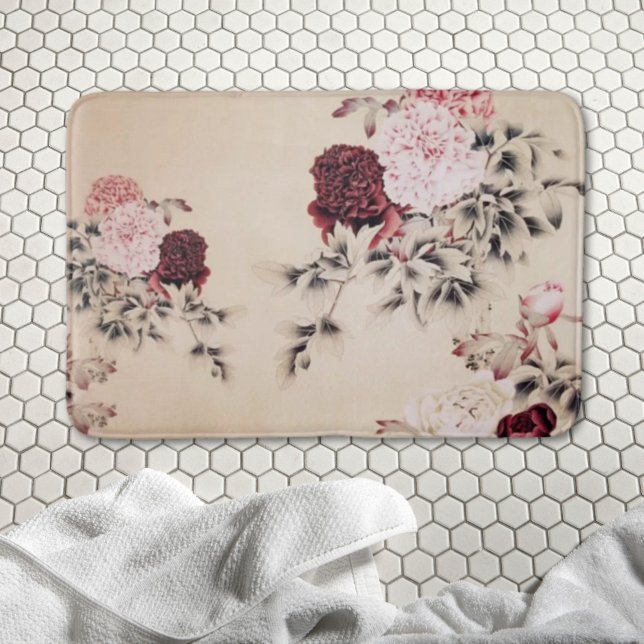 Rosa bordeauxfarbene Pfirsiche Vintag Badematte (Elegant pink burgundy peony vintage floral bath mat)