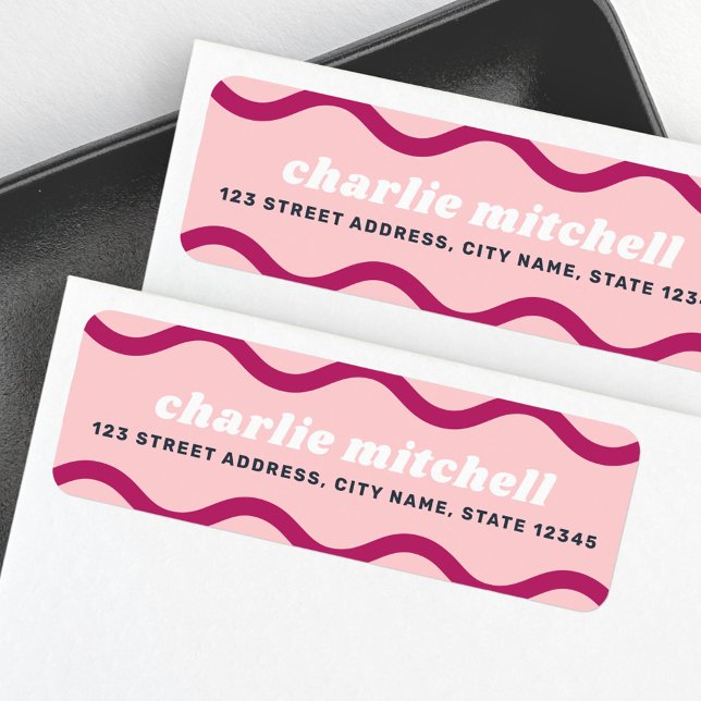 Rosa bordeauxrote Retro-Rücksendeadresse (Pink burgundy retro squiggly line return address label)