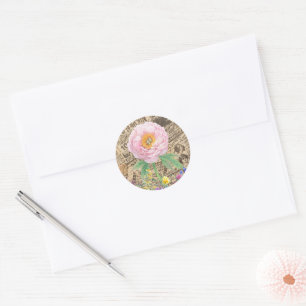 Rosa botanische Blume, Vintage Zeitungen Runder Aufkleber
