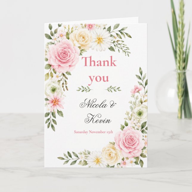 Rosa Botanische Hochzeit Dankeskarte (Vorderseite)